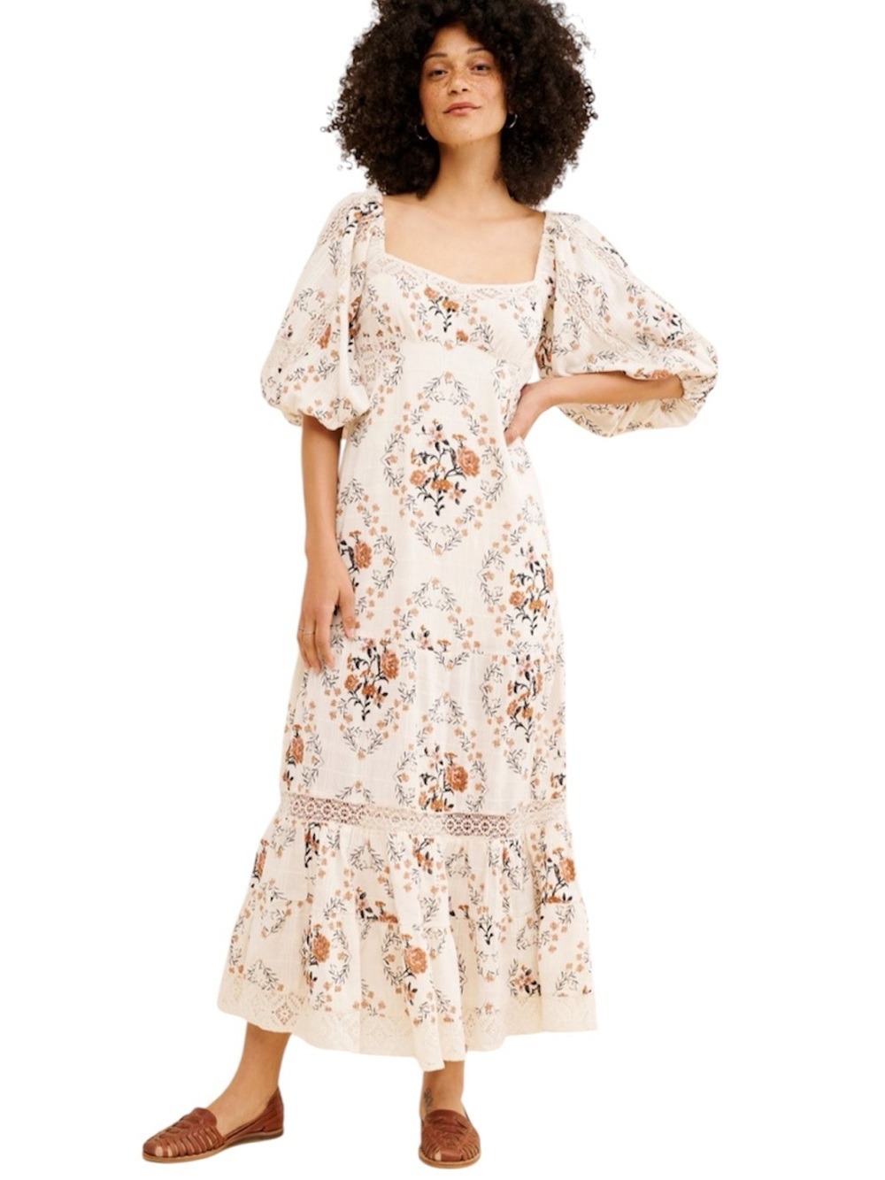 Free People All The Attitude Printed Maxi Dress Sz M Cottagecore Milkmaid Fairy - Picture 1 of 15